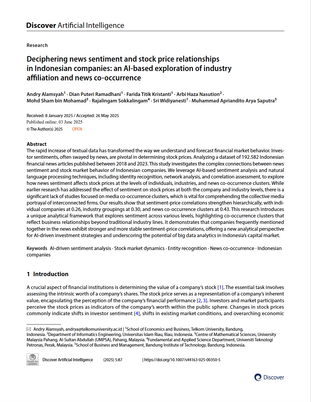 Halaman paper di jurnal Discover Artificial Intelligence (Springer)